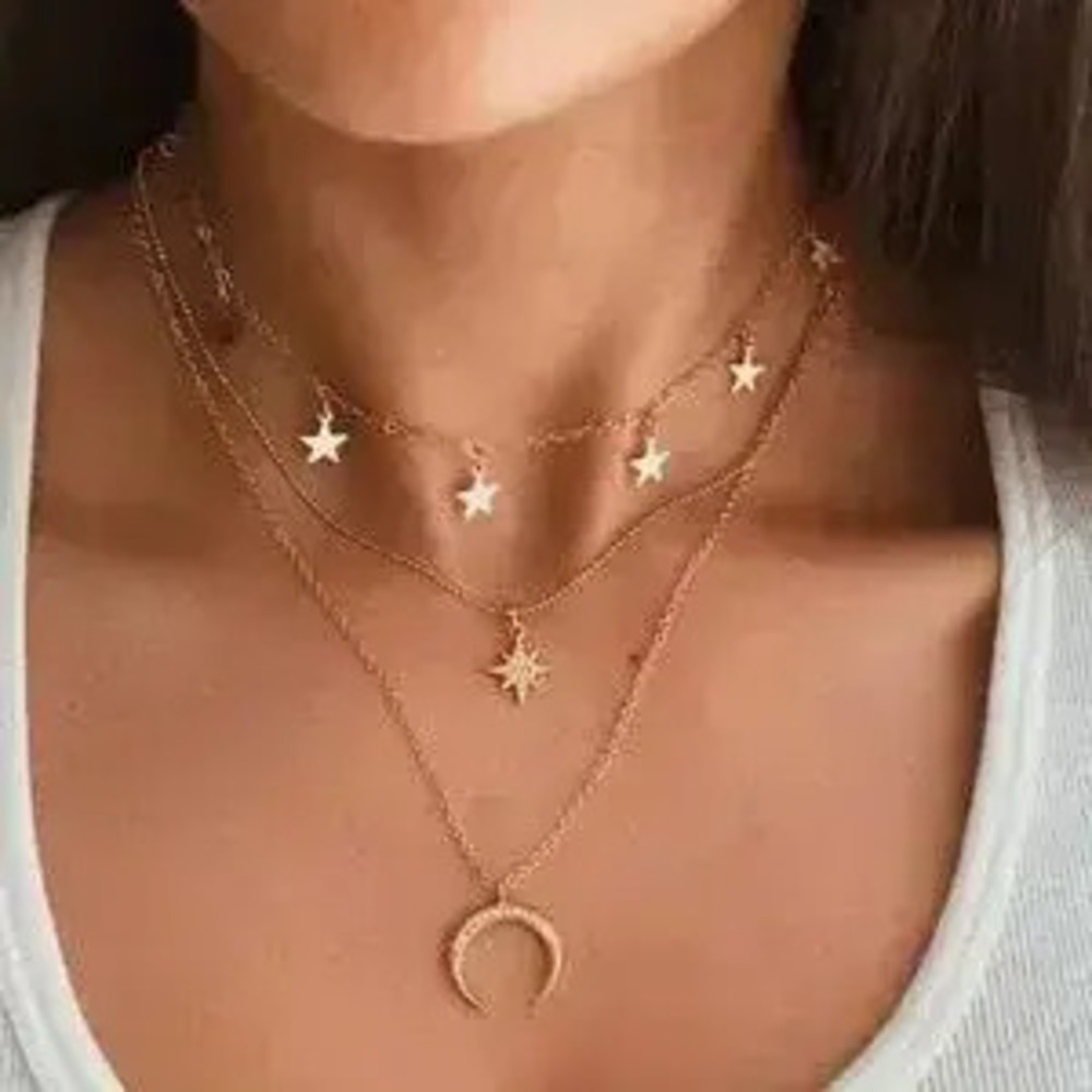 Celestial Gold Layered Necklace Set with Stars and Moon